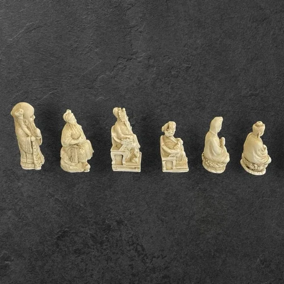Vintage Chinese Resin Figurines Set of 6 Faux Ivory Decor Mid Century Intricate‎